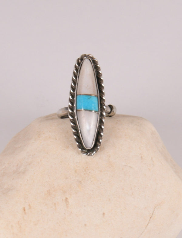 Zuni Inlay Ring, Mother of Pearl and Turquoise Size: 6.25