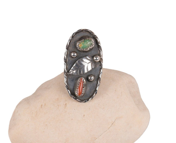Vintage Navajo Coral and Turquoise Ring Size 7 1/2