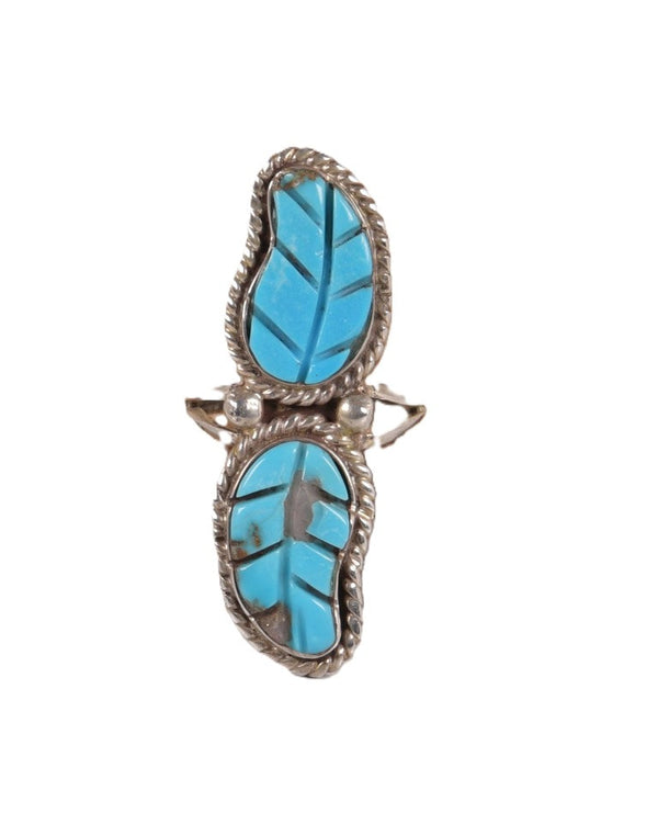 Navajo Ring, 2 Turquoise Carved Leaves and Sterling Silver Size 7
