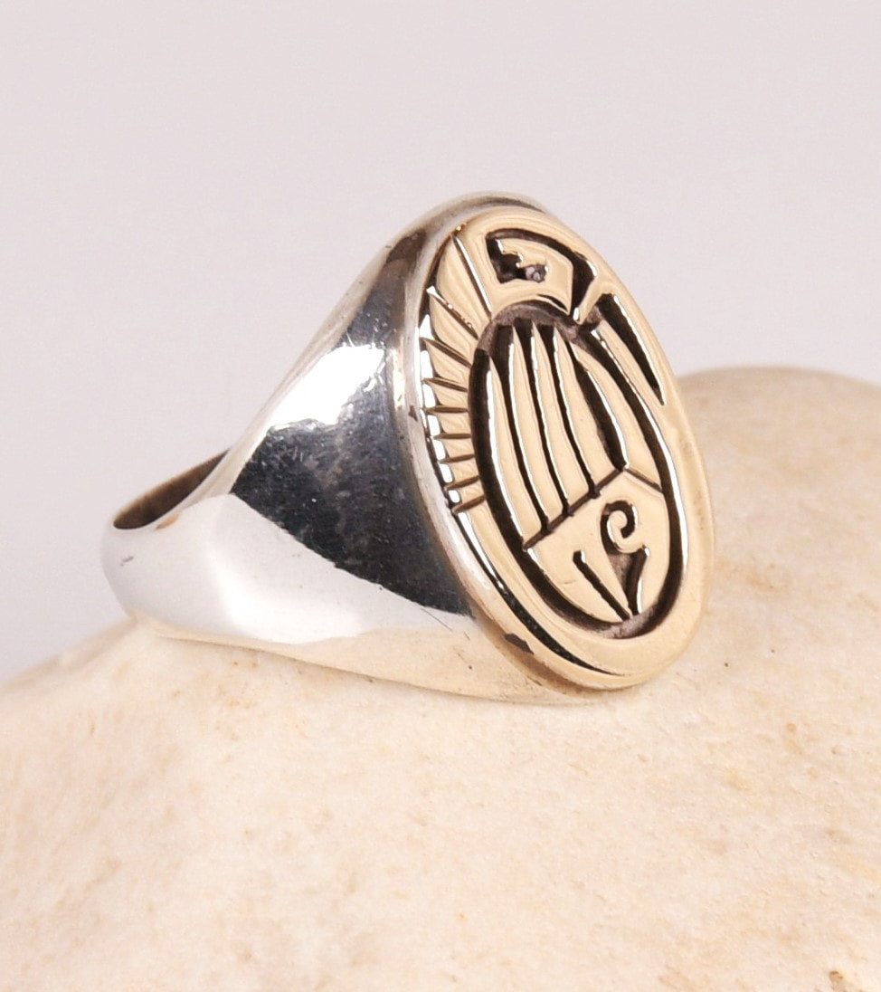 Navajo Overlay Ring: 14K Gold over Silver by Calvin Peterson Size: 8 3/4