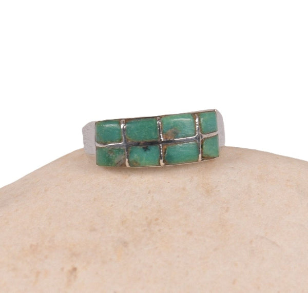 Zuni Pueblo Ring, Turquoise Channel Inlaid Stones Size 6