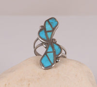 Zuni Old Pawn Ring Sterling Silver and Turquoise with Channel Inlay Size 8