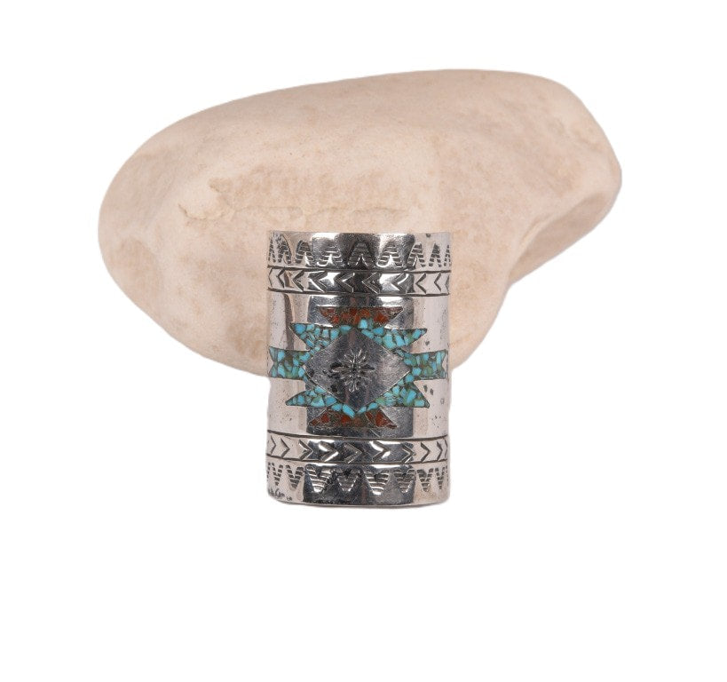 Navajo tie / scarf slide: Sterling Silver chip inlay Turquoise and Coral