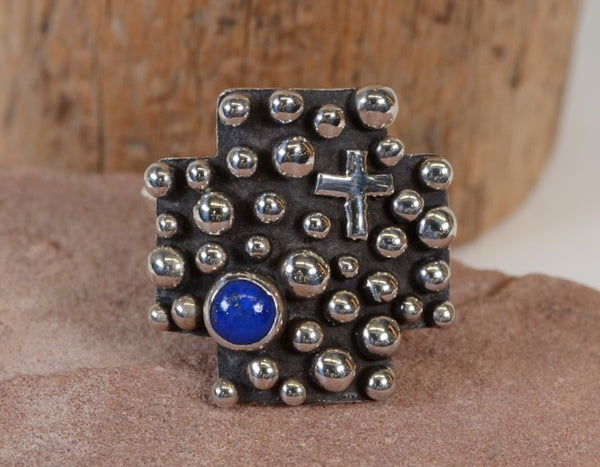 Navajo Ring: Lapis and Silver Balls Cross Size: 8