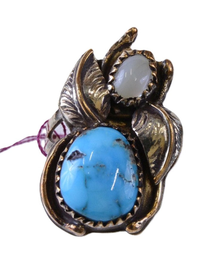 Navajo Ring with Turquoise and Moonstone Settings, 12KGF Size: 3