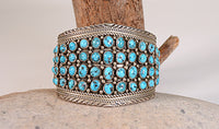 Navajo Sterling Silver Cuff Bracelet with 69  Turquoise Settings Maker "MY"
