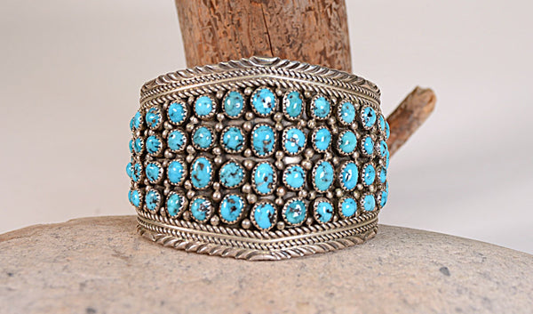 Navajo Sterling Silver Cuff Bracelet with 69  Turquoise Settings Maker "MY"