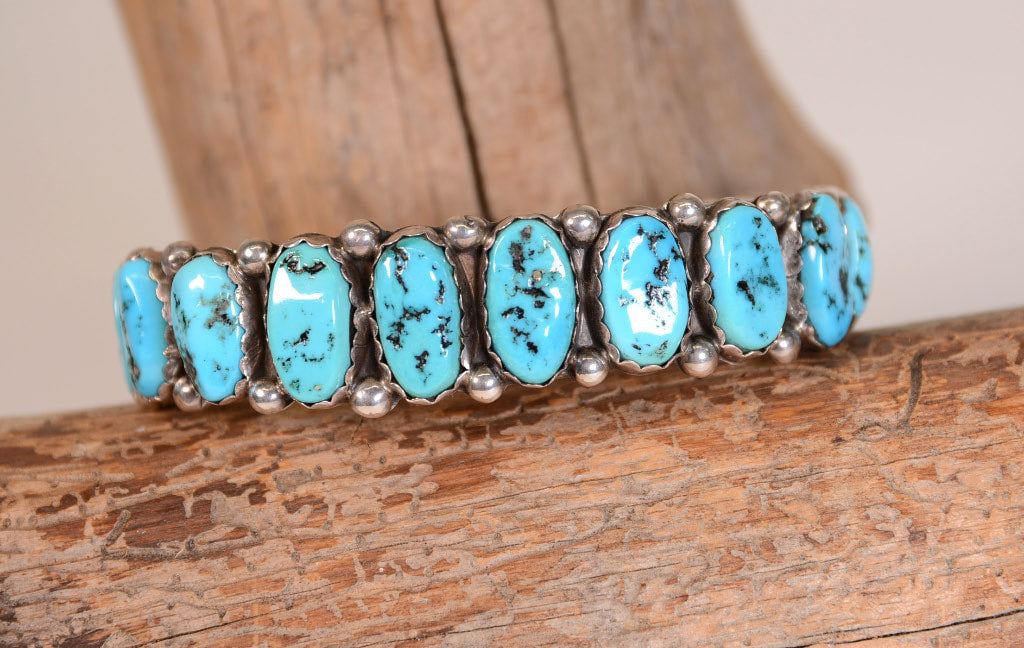 Navajo Sterling Silver Cuff Bracelet with 16 Turquoise Settings