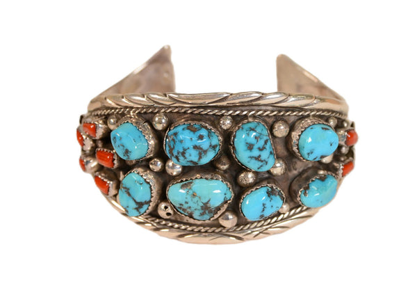 Navajo Cuff Bracelet with Turquoise and Coral