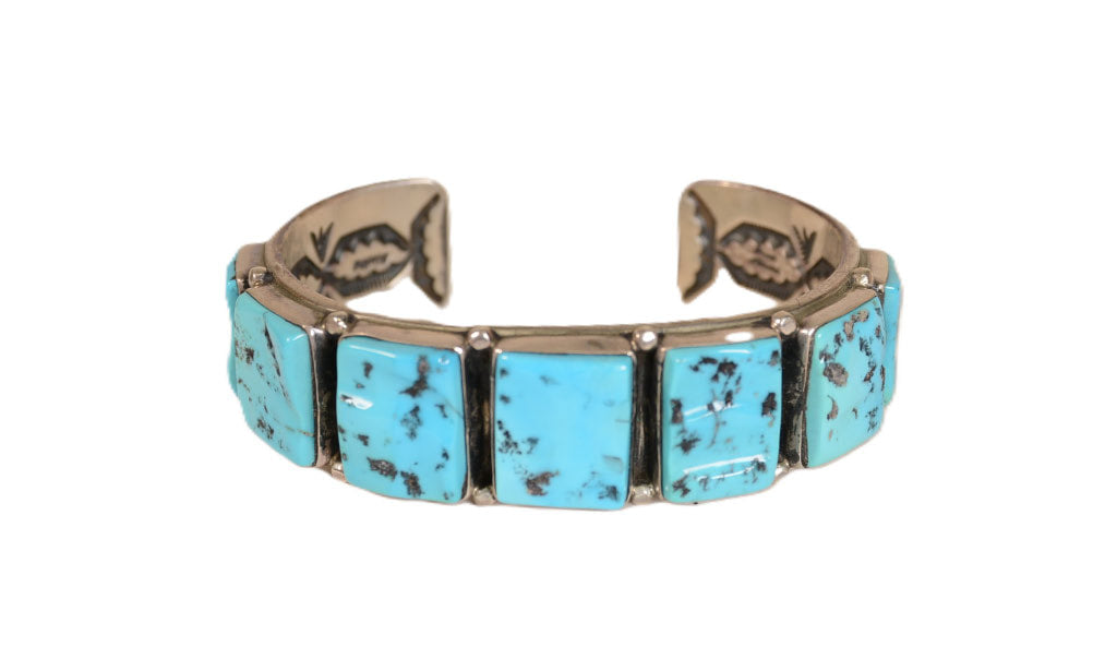 Navajo Cuff Bracelet; Heavy Silver with 7 Turquoise settings