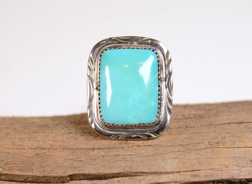 Navajo Sterling Silver Ring with Turquoise by Lee Brown Size: 9.5