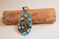 Large Natural Navajo Pendant with Fine Turquoise and Coral by Jerry Roan (1919-1977)