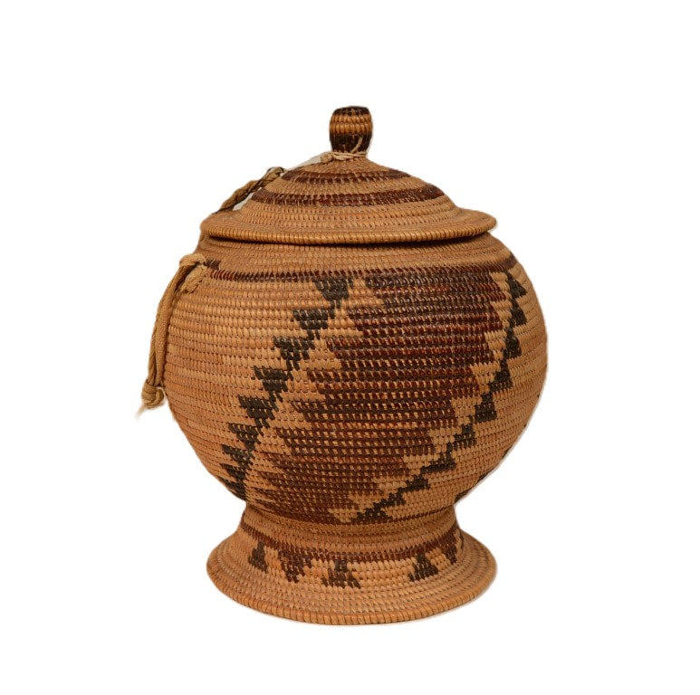 Yokuts Polychrome Basket with Pedestal and Lid