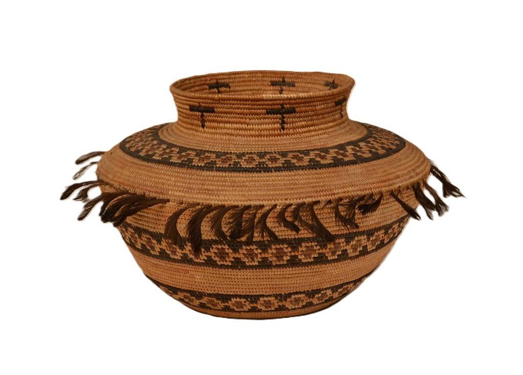 Yokuts Bottleneck Rattlesnake Motif Basket with Quail Topknots