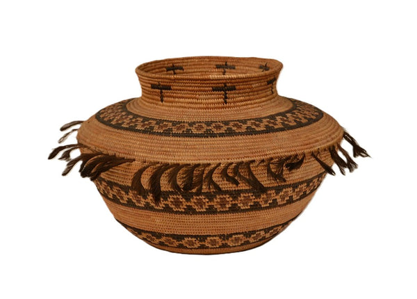 Yokuts Bottleneck Rattlesnake Motif Basket with Quail Topknots