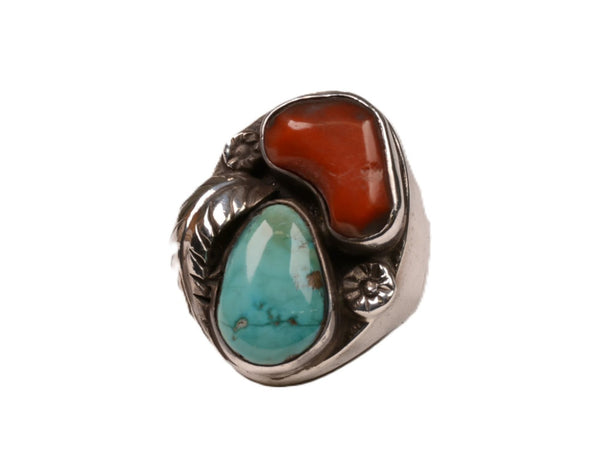 Heavy Navajo Sterling Silver Ring, Natural Coral and Turquoise