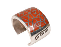 Heavy Navajo Wide Cuff Bracelet, Sterling Silver and Coral Channel Inlay