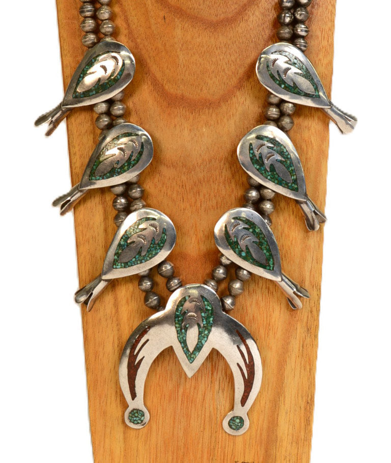 Vintage Navajo Chip inlay Squash Blossom Necklace