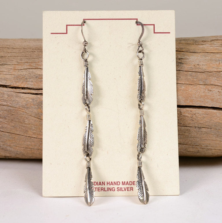 Navajo Sterling Silver Feather Earrings; Drop With Wire French Hook