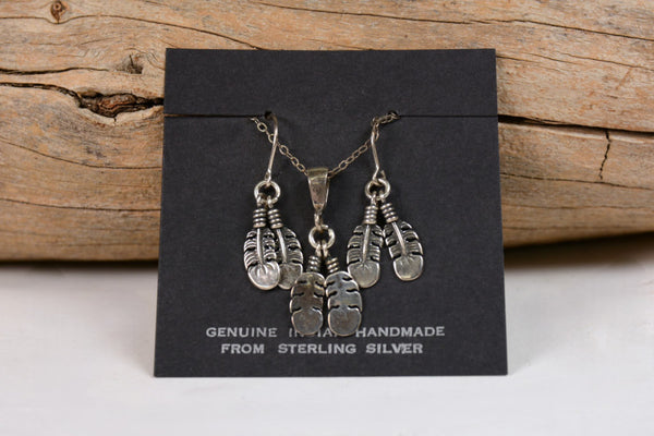 Navajo Sterling Silver Pendant and Earring Set - Feathers