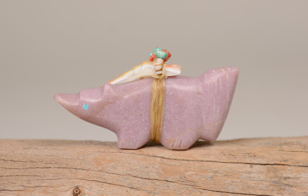 Zuni Wolf Fetish by Evelina Boone: Lepidolite with Turquoise, Shell Offering
