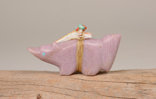 Zuni Wolf Fetish by Evelina Boone: Lepidolite with Turquoise, Shell Offering