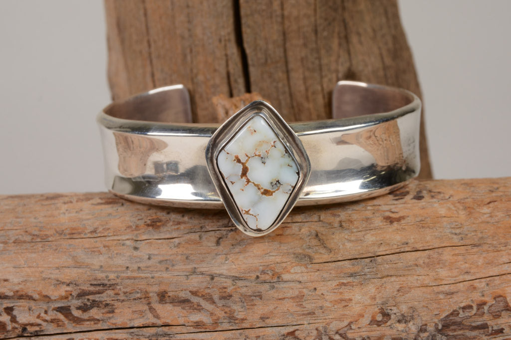 Navajo Sterling Silver Cuff with White Turquoise Bracelet by Tom Willeto