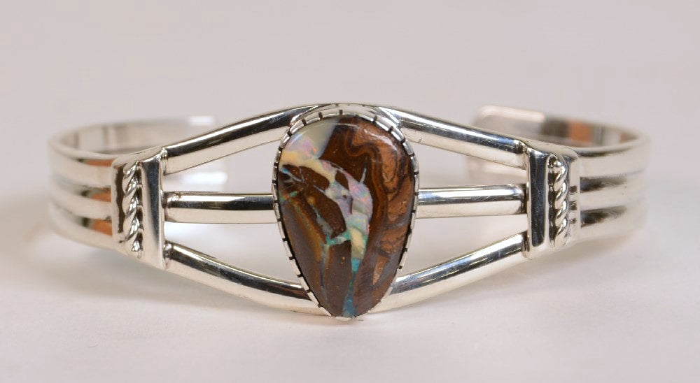 Navajo Bracelet with natural boulder opal setting by Delbert Vandeveer