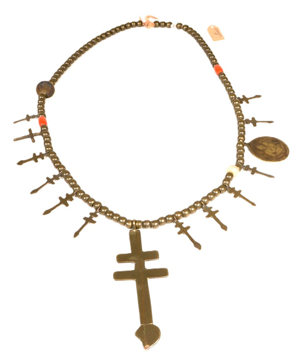 Isleta Brass Cross Necklace with 3 glass trade beads and coin on leather