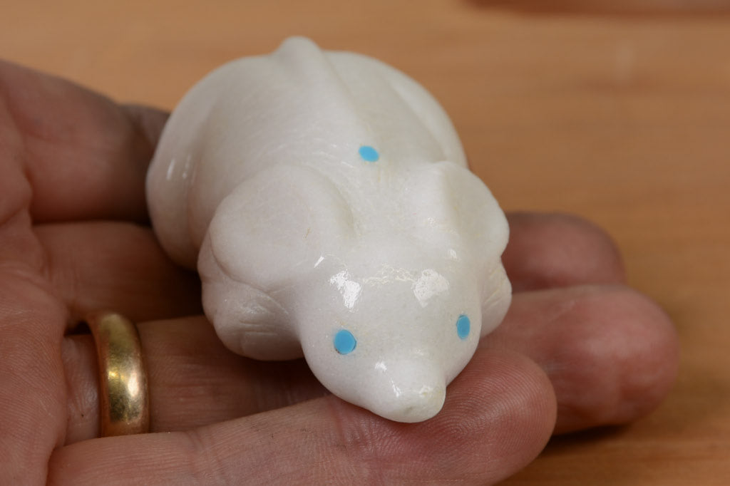 Zuni Fetish Mouse, White Marble with Turquoise by Robert Cellicion