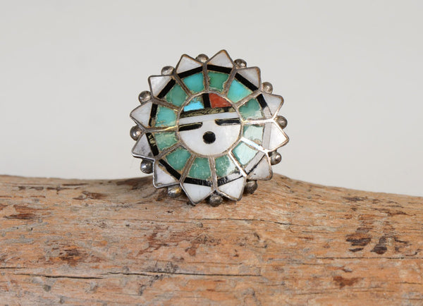 Zuni Sterling Silver and Turquoise Inlay Baby Sunface Ring