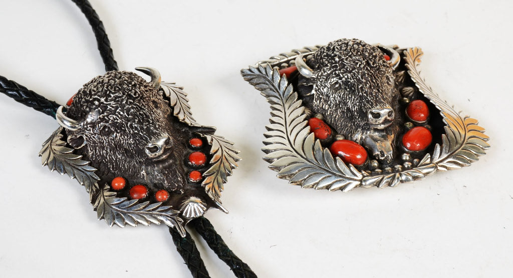 Large Navajo Sterling Silver and Fine Coral Bison Bolo Tie and Buckle SET by Lou Bilou DeWolf