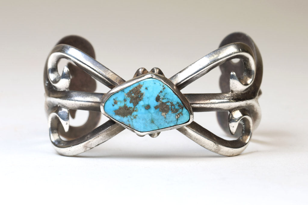 Navajo Sand Cast cuff bracelet with High Grade Natural Kingman Turquoise Setting