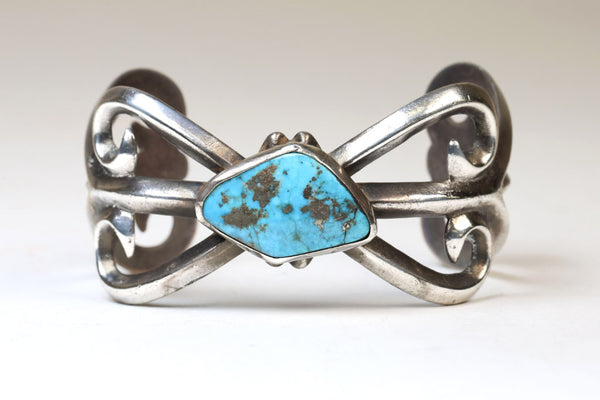 Navajo Sand Cast cuff bracelet with High Grade Natural Kingman Turquoise Setting