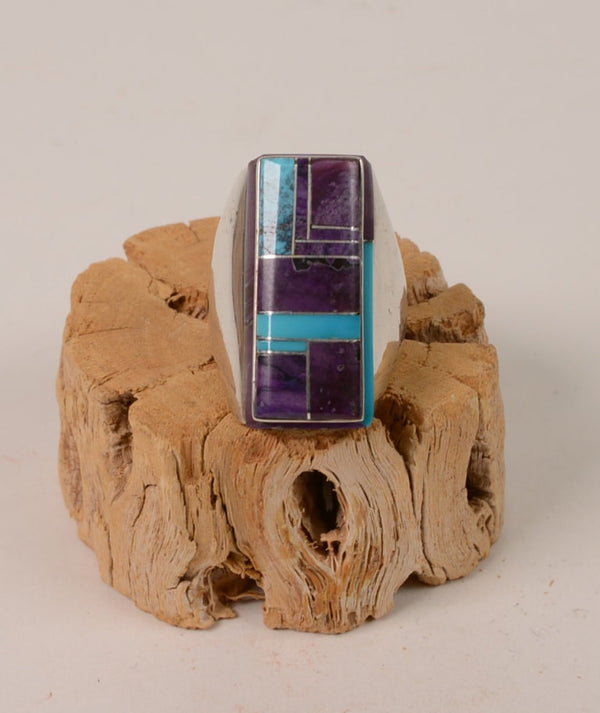 Large Navajo Ring Chanel Inlay Sugilite and Turquoise Rectangular Size 10 1/4