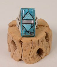 Large Navajo Ring Chanel Inlay Turquoise and Jet Rectangular Size 11.5