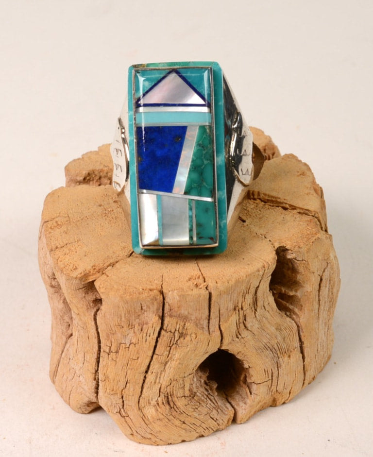 Large Navajo Ring Channel Inlay Turquoise, Lapis and Mother of Pearl Size 10.5