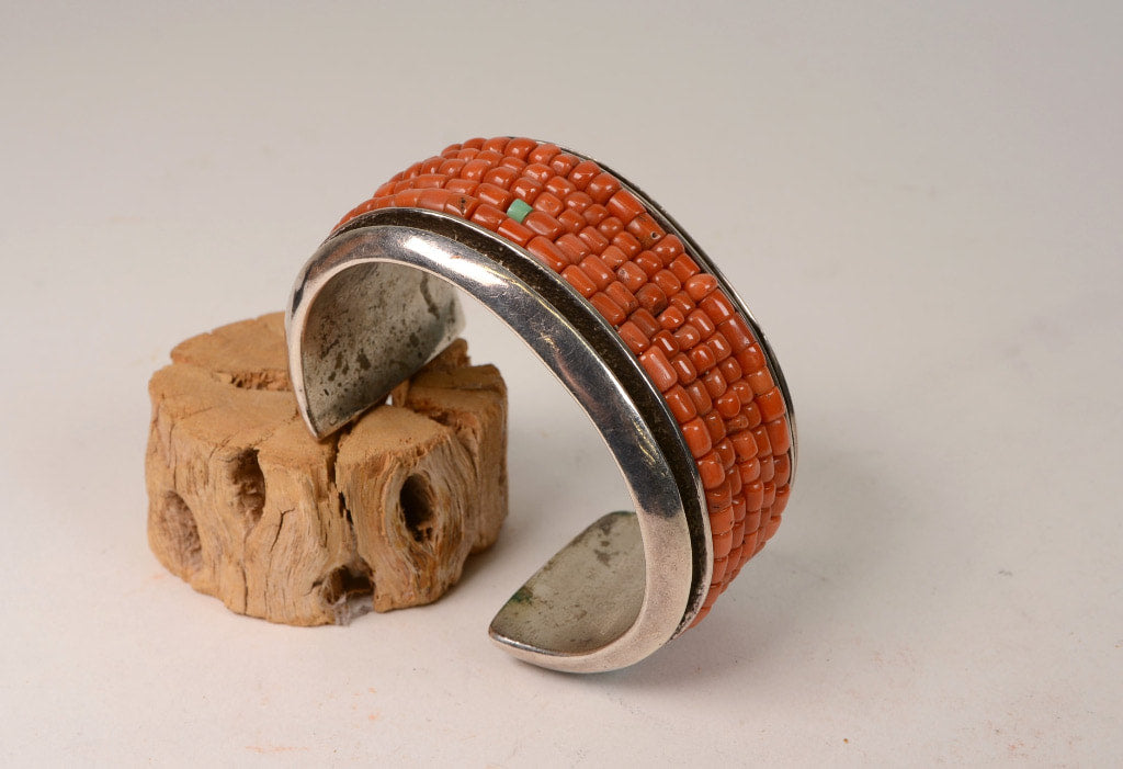 Navajo Style Heavy Sterling Silver Tuffa Cast, Turquoise and Coral Cuff Bracelet by John Hormbeck