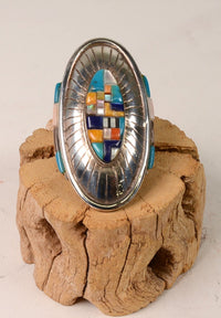 Navajo Ring: Large Sterling Silver Concho style with Inlay; Size 5 1/2