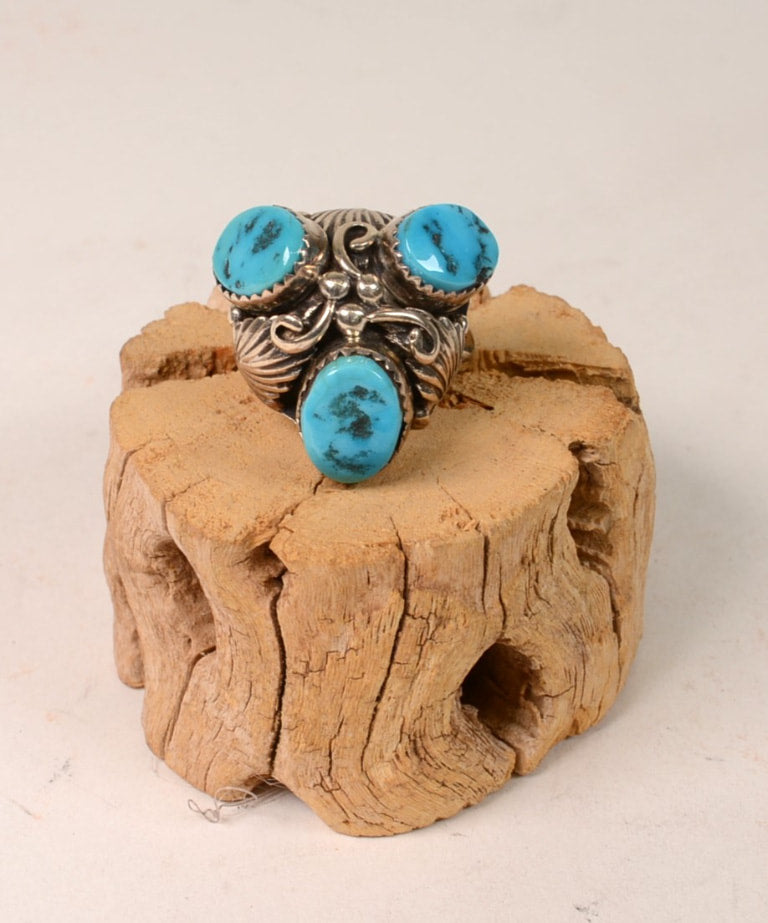 Navajo Sterling Silver Ring with 3 Sleeping Beauty Turquoise Settings Size 7