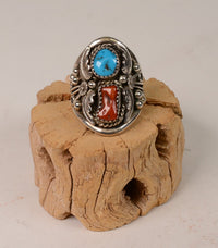 Navajo Sterling Silver and  Turquoise and Coral Ring; Size 8.5