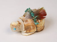 Zuni Antler Turtle 3" Fetish with 2 Turquoise Eyes and Feather