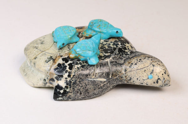 Zuni Stone Turtle Fetish: 3 baby Turquoise Turtles on a Turtle