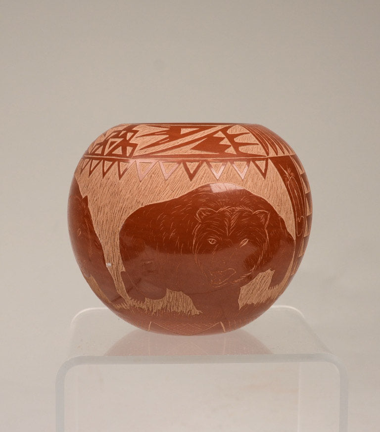 Sioux Redware Pottery by Red Starr  Sunface and Bears "83 J-1"