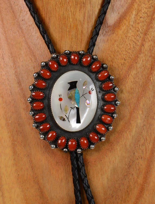 Zuni Knife Winged Dancer Sterling Silver Inlaid and Coral Cabochon Bolo