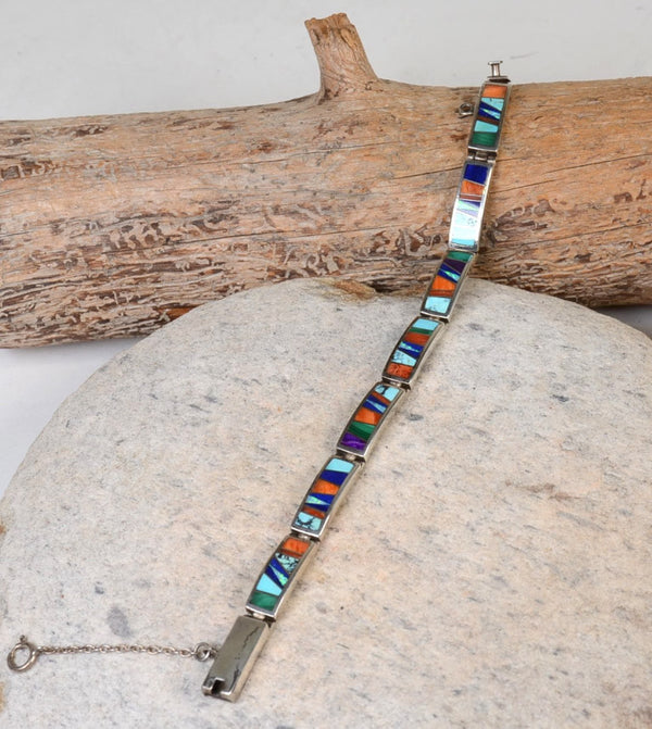 Navajo Channel Inlay Link Bracelet with Turquoise, Lapis, Opal, Spondylus, and Sugilite.