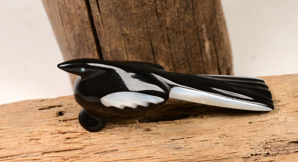 Zuni Magpie Bird Fetish with Turquoise Eyes by Calvert Bowannie
