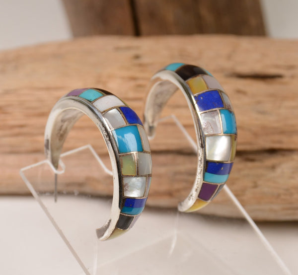 Navajo Channel Inlay Post Earrings: Large Multi-Stone Inlay Hoops