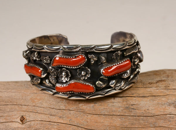 Navajo Sterling Silver Cuff Coral Bracelet