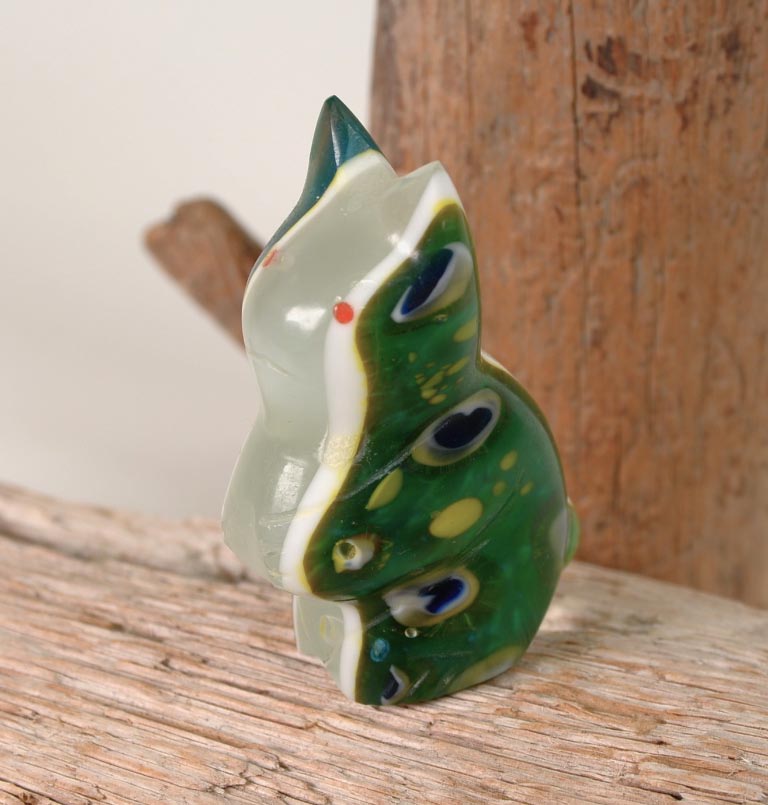 Zuni Fetish Green + White Glass Cat by Lena Boon (d)
